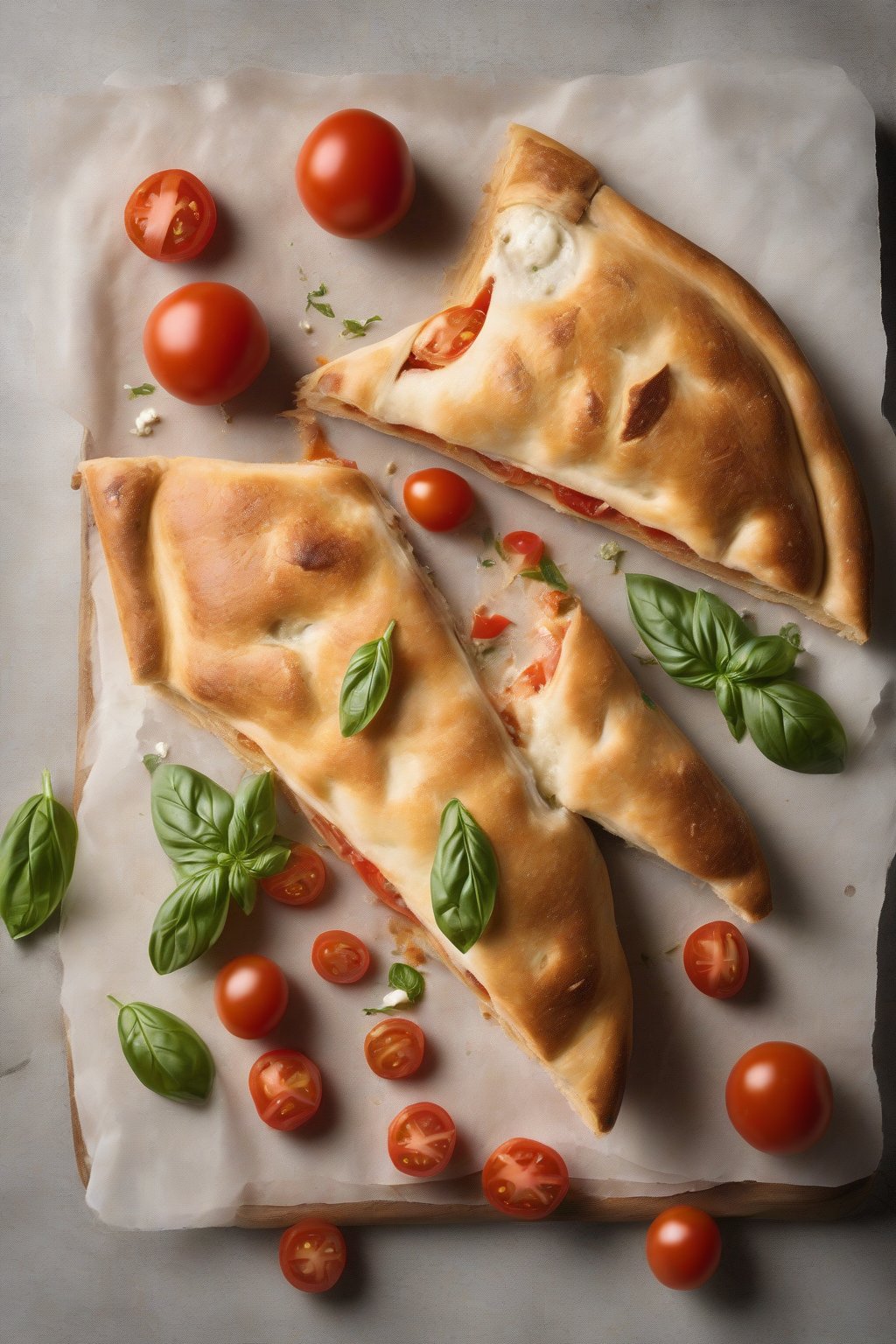 A high-resolution photo of a golden Classic Margherita calzone sliced open to reveal stretchy mozzarella, fresh tomatoes, and basil under soft lighting.