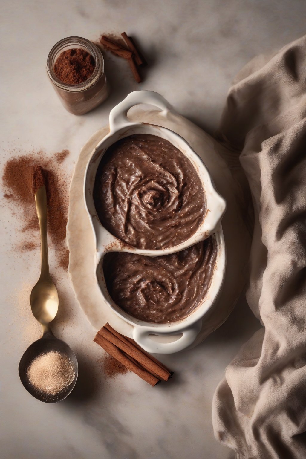 A high-resolution photo of chocolate rice pudding swirled with cinnamon dust under soft lighting.