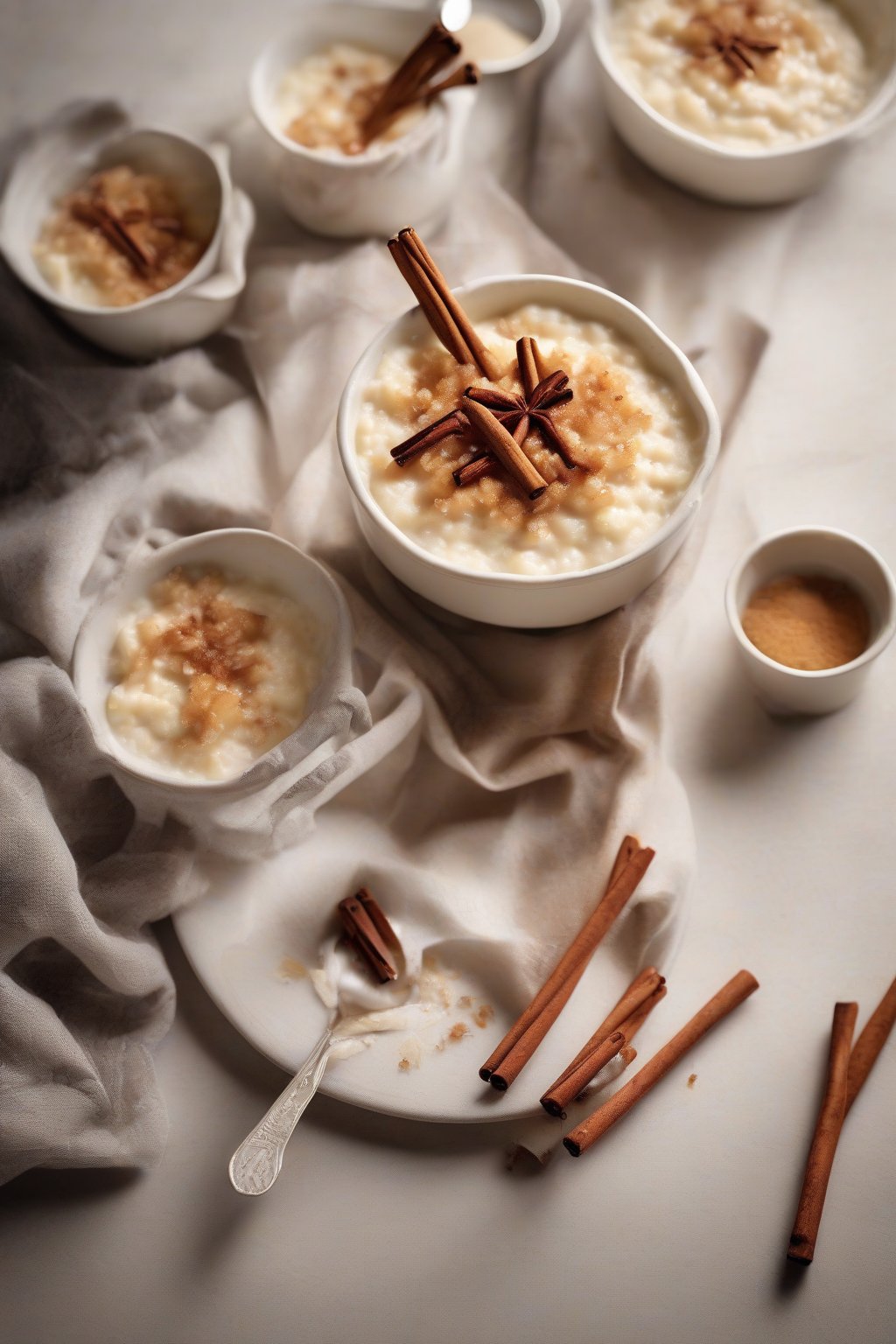 A high-resolution photo of apple-studded creamy rice pudding with cinnamon sticks under soft lighting.