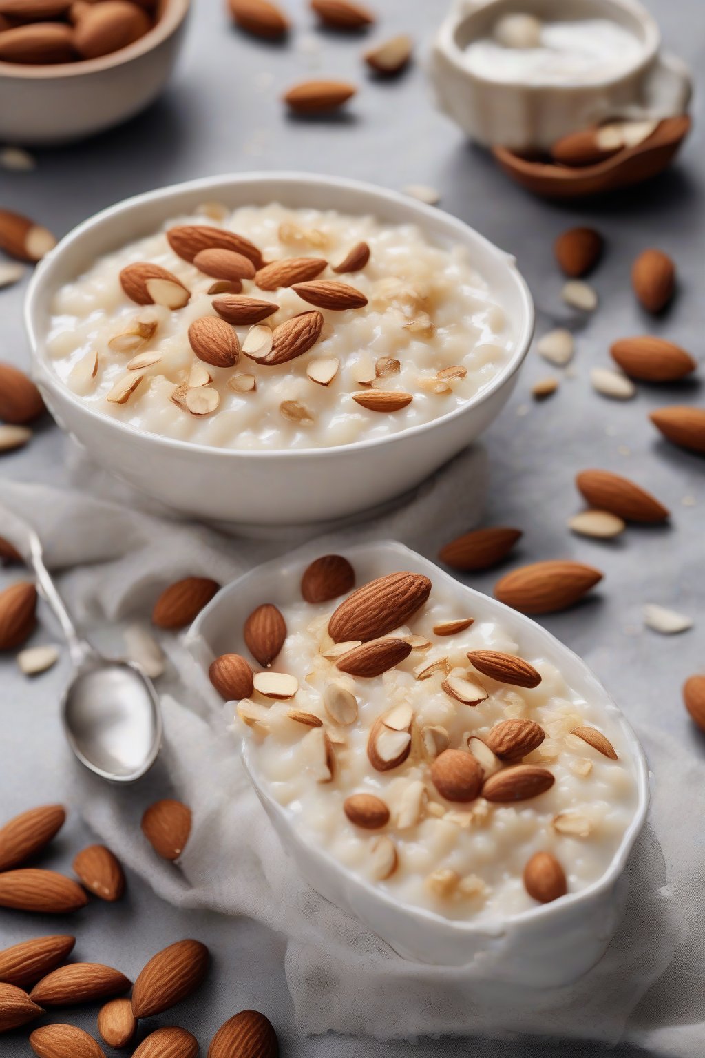 A high-resolution photo of almond rice pudding scattered with slivered almonds and cinnamon under soft lighting.