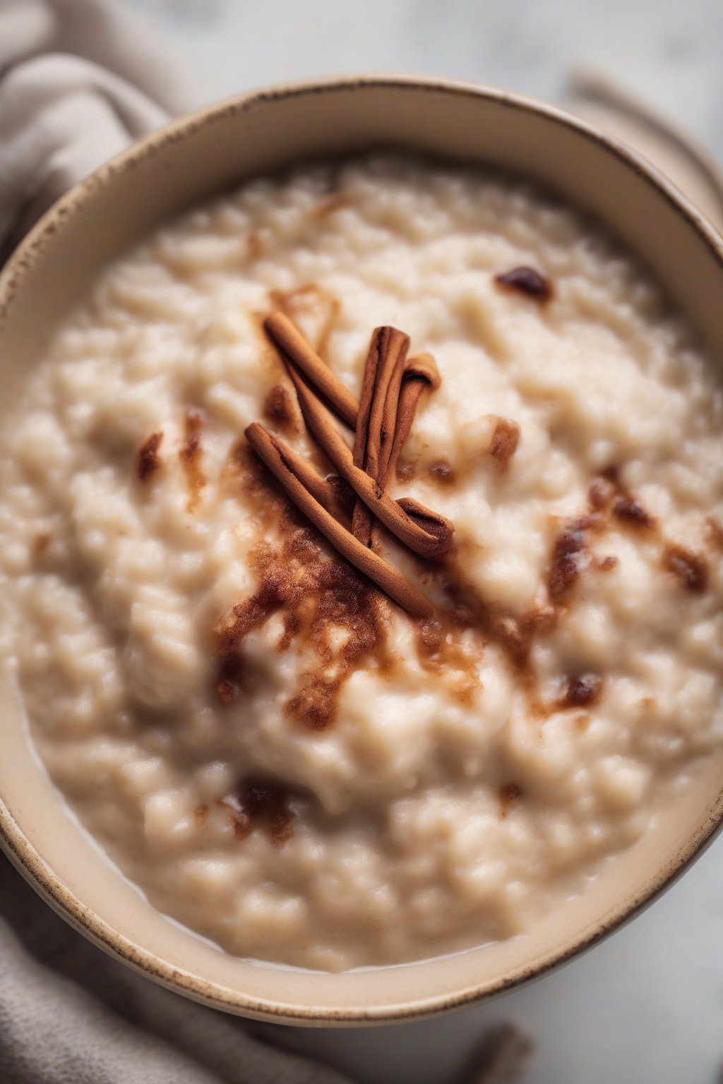 A high-resolution photo of slow-cooked creamy rice pudding in a bowl with cinnamon swirl under soft lighting.