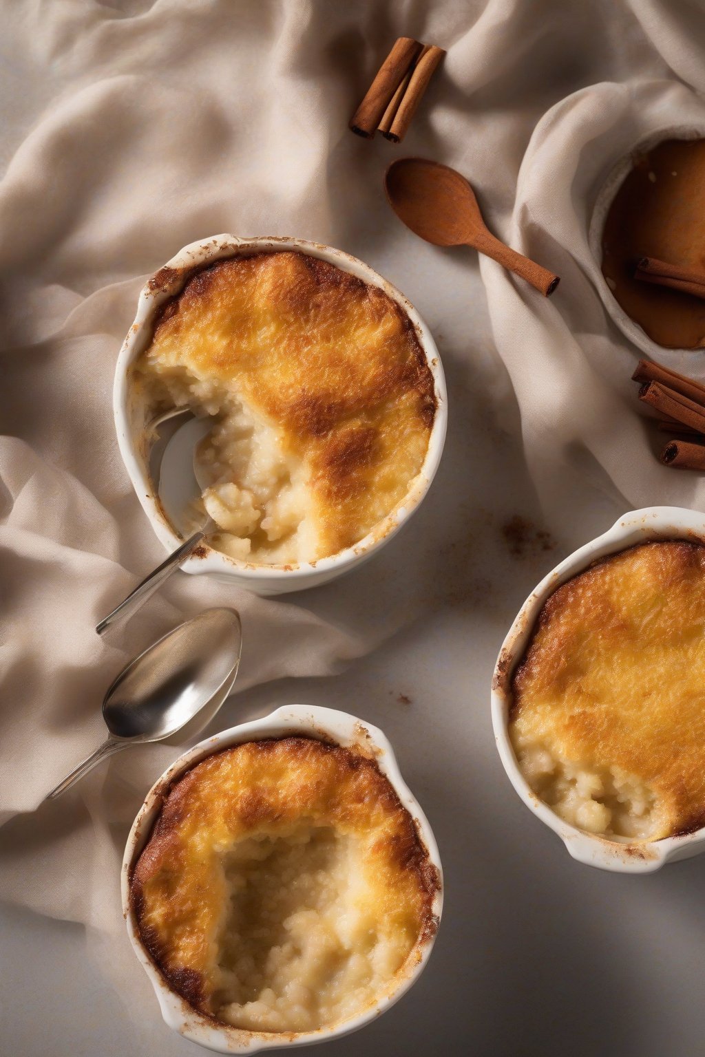 A high-resolution photo of baked rice pudding with golden crust and cinnamon dusting under soft lighting.