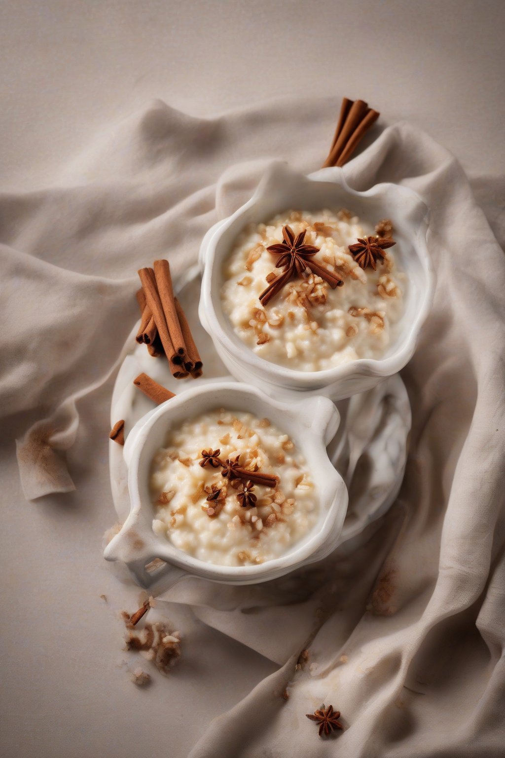 A high-resolution photo of fragrant rice pudding with cardamom pods and cinnamon under soft lighting.