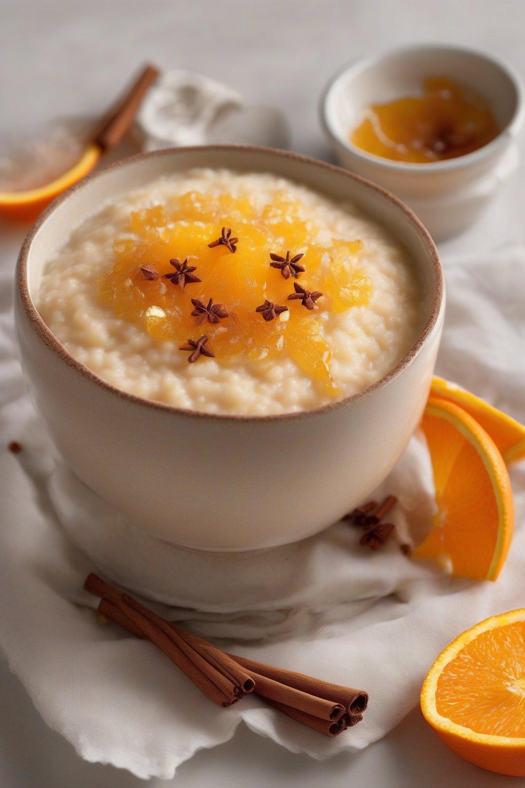 A high-resolution photo of orange-infused rice pudding topped with zest and cinnamon under soft lighting.