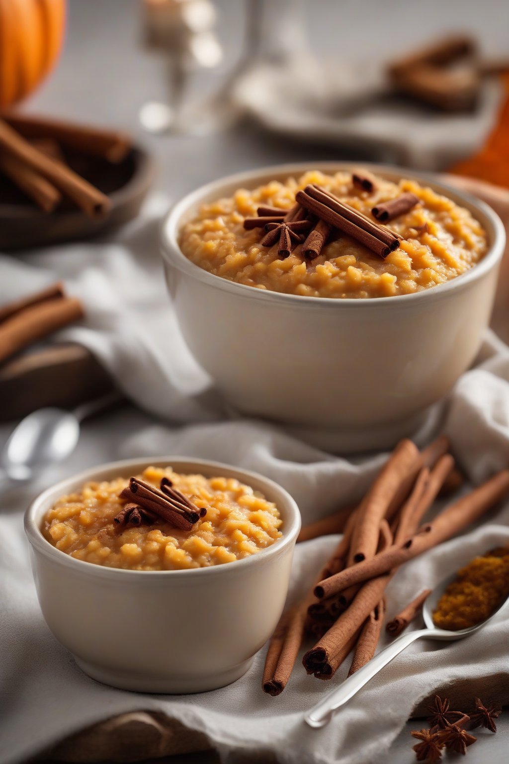 A high-resolution photo of pumpkin rice pudding with cinnamon stick garnish under soft lighting.