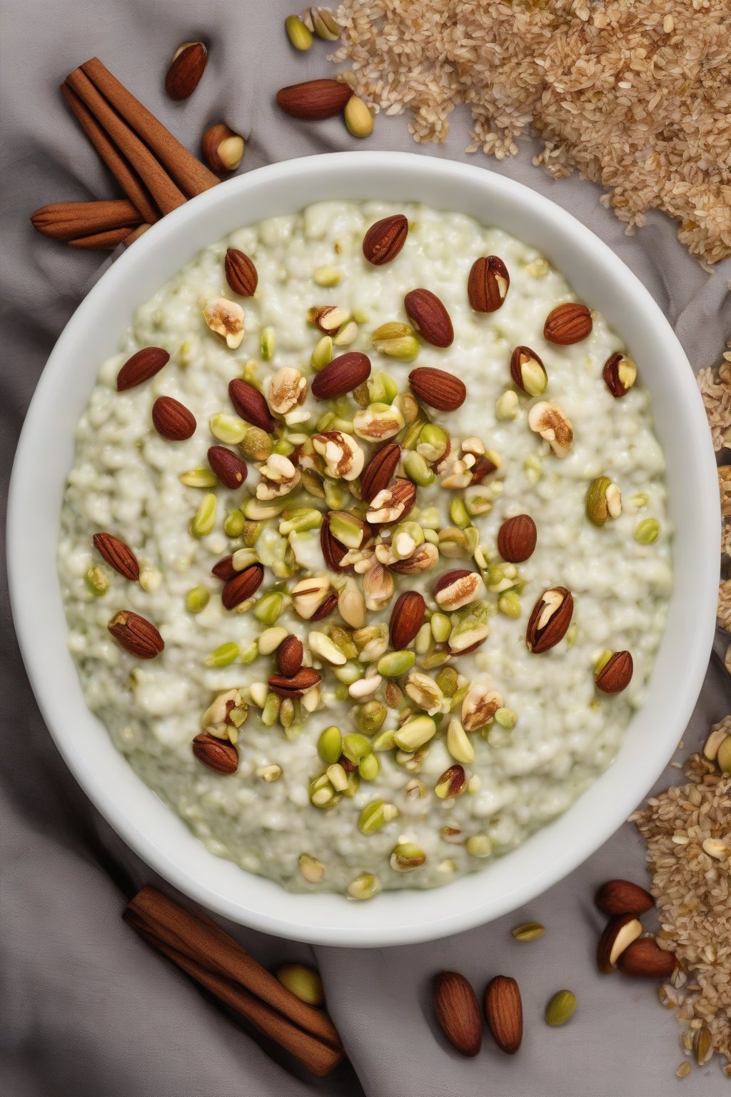 A high-resolution photo of pistachio rice pudding with chopped nuts and cinnamon under soft lighting.