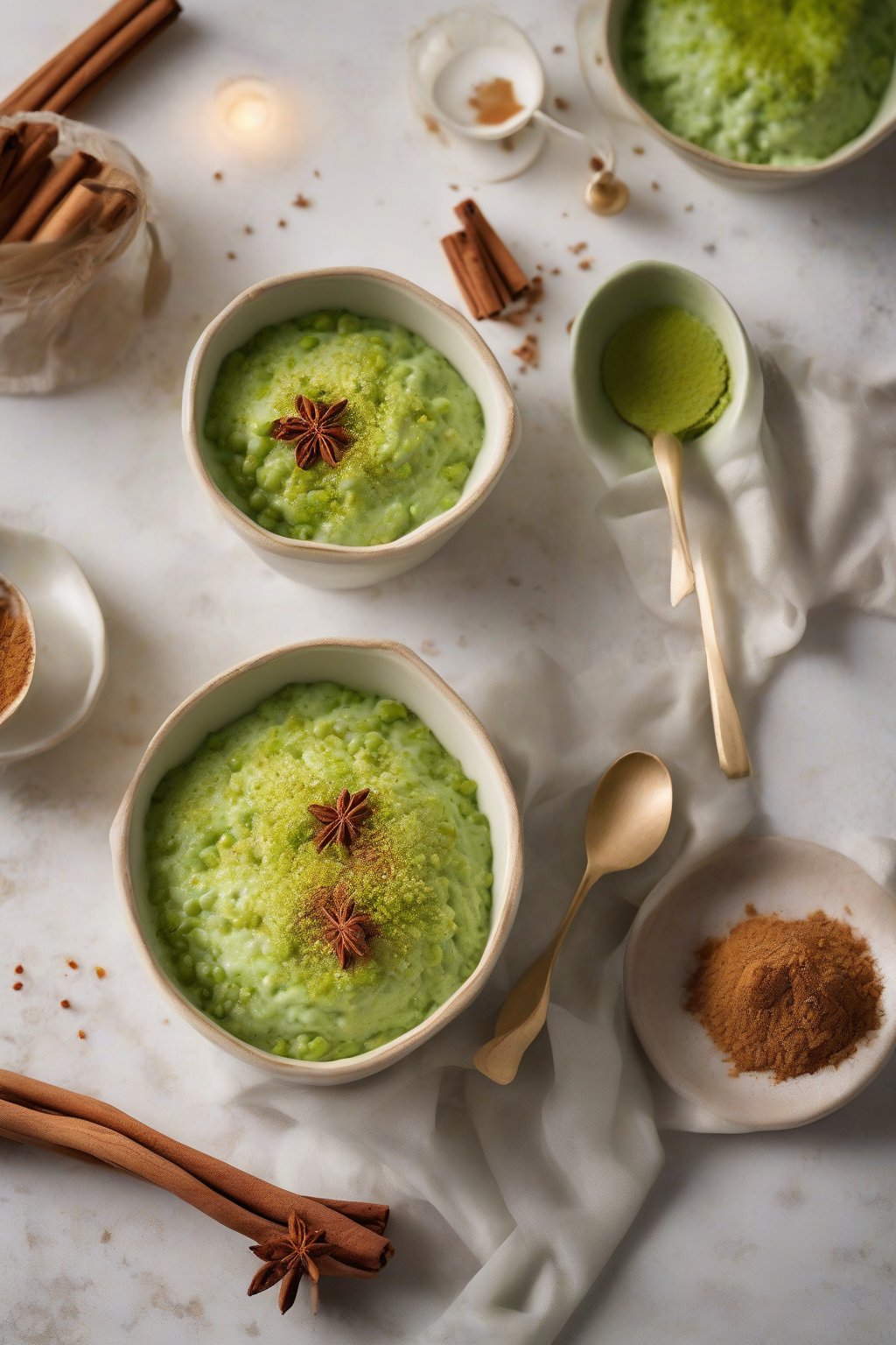 A high-resolution photo of vibrant green matcha rice pudding dusted with cinnamon under soft lighting.