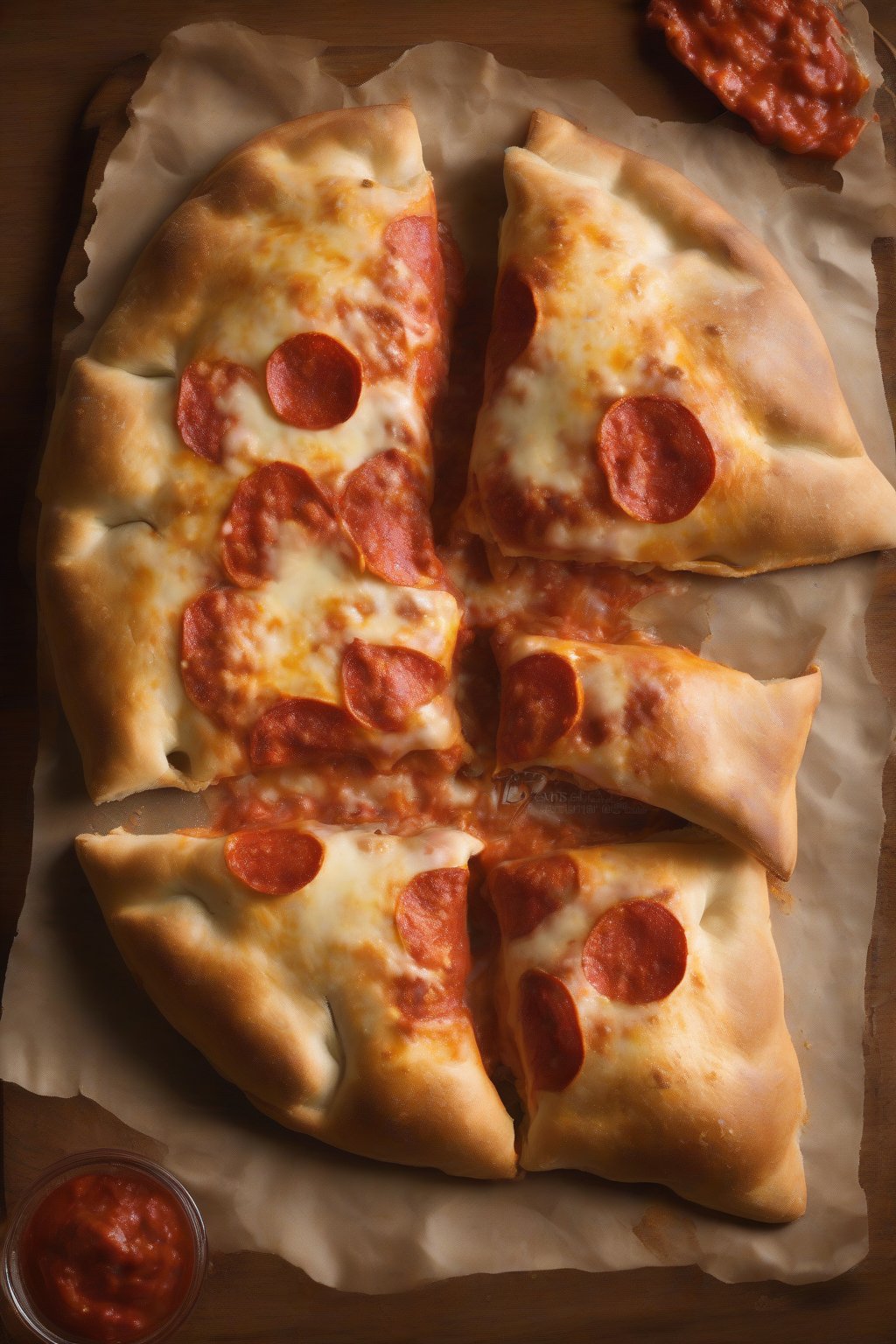 A high-resolution photo of a Pepperoni Pizza calzone with crispy edges and oozing cheese, pepperoni peeking out, under soft lighting.