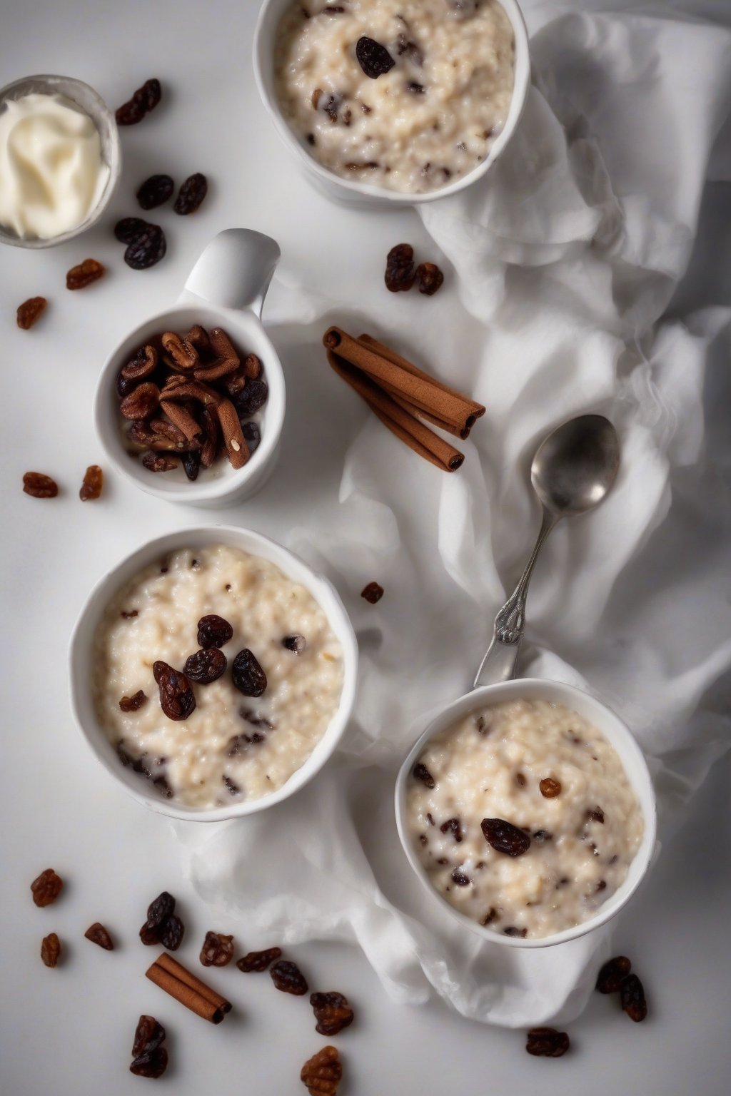 A high-resolution photo of rum raisin rice pudding with cinnamon and raisins visible under soft lighting.