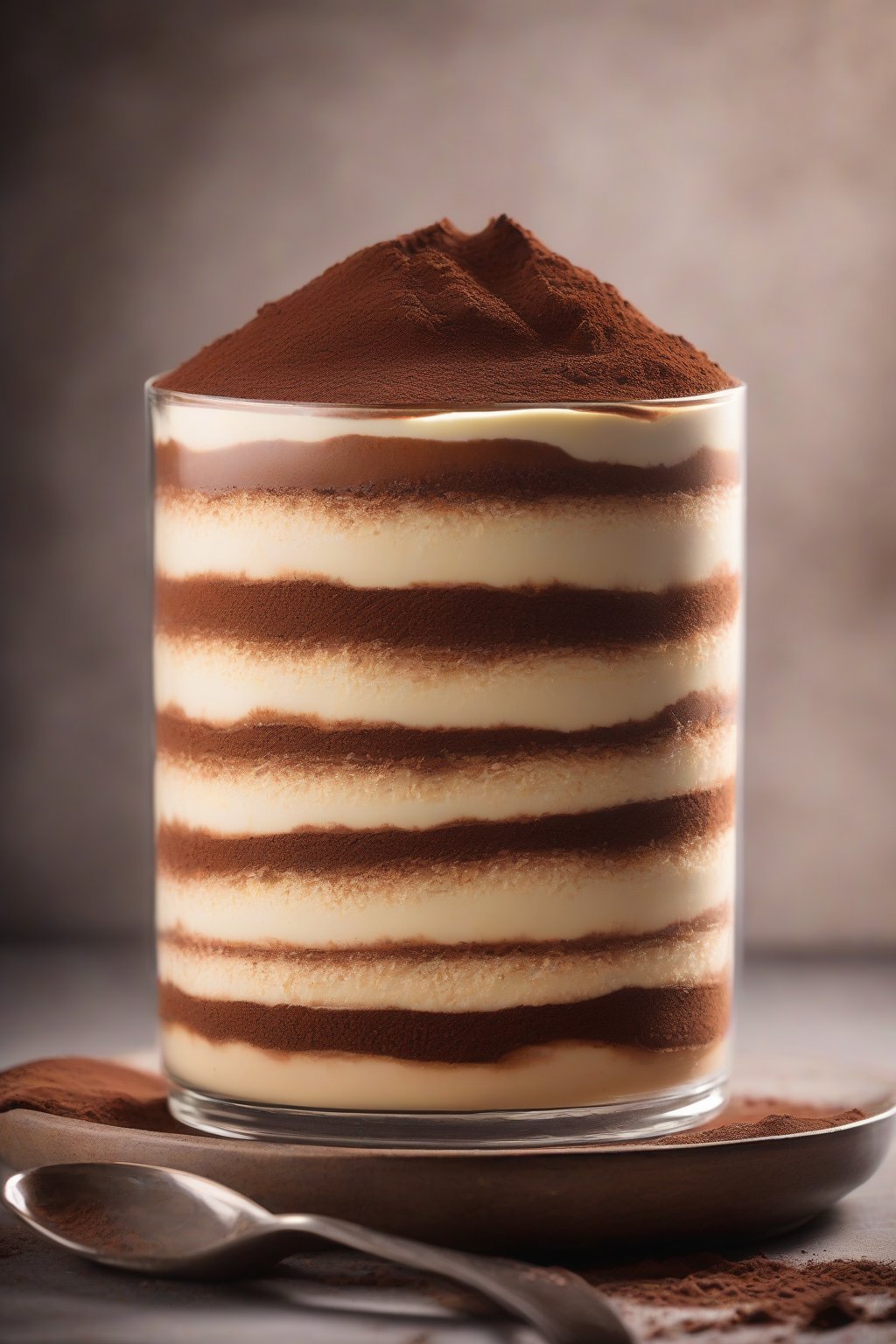 A high-resolution photo of a layered classic tiramisu dusted with cocoa powder under soft lighting.