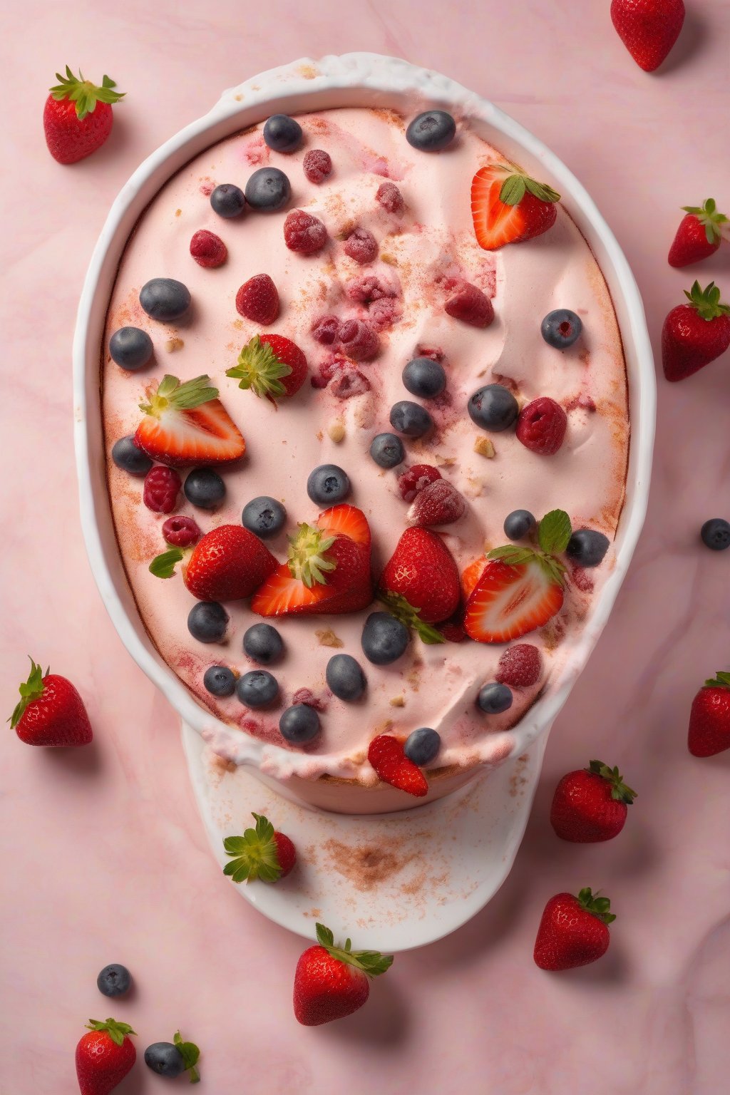 A high-resolution photo of pink strawberry tiramisu with fresh berries on top under soft lighting.