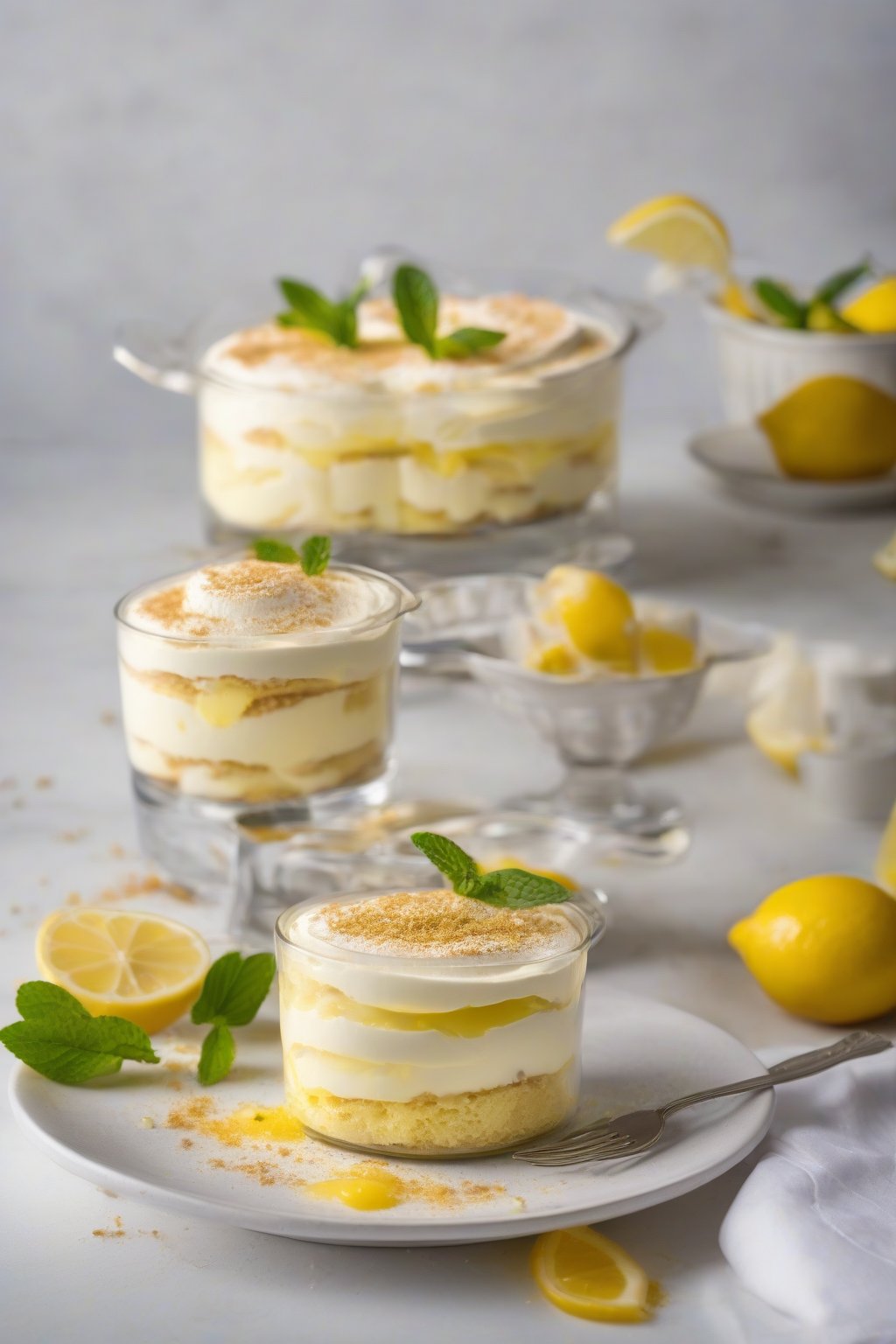 A high-resolution photo of bright lemon tiramisu with zest garnish under soft lighting.
