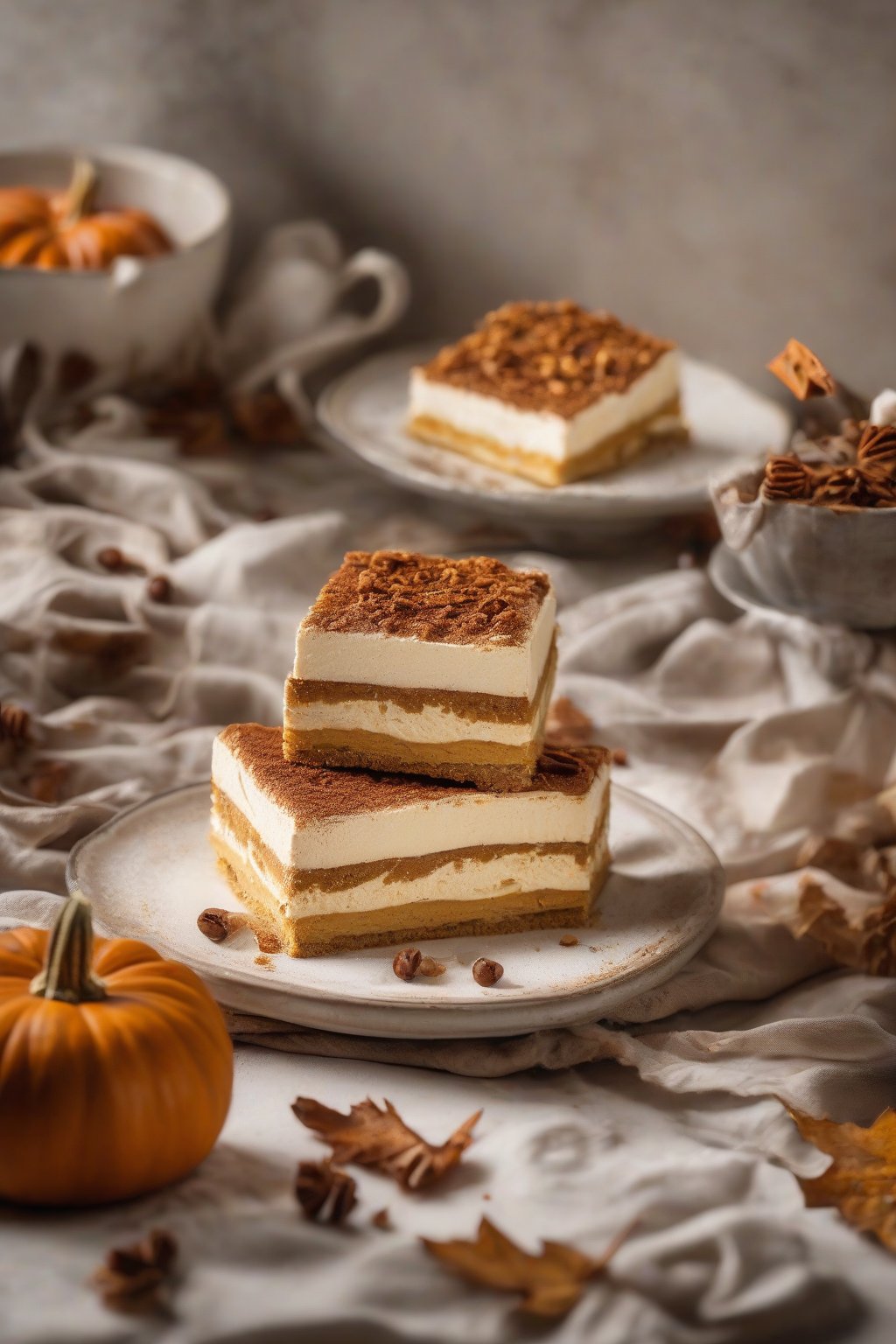 A high-resolution photo of autumnal pumpkin spice tiramisu slice under soft lighting.