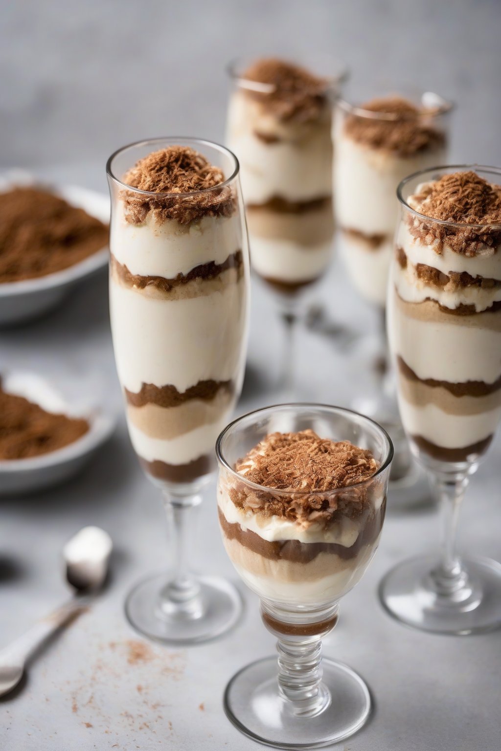 A high-resolution photo of creamy vegan coconut tiramisu in parfait glasses under soft lighting.