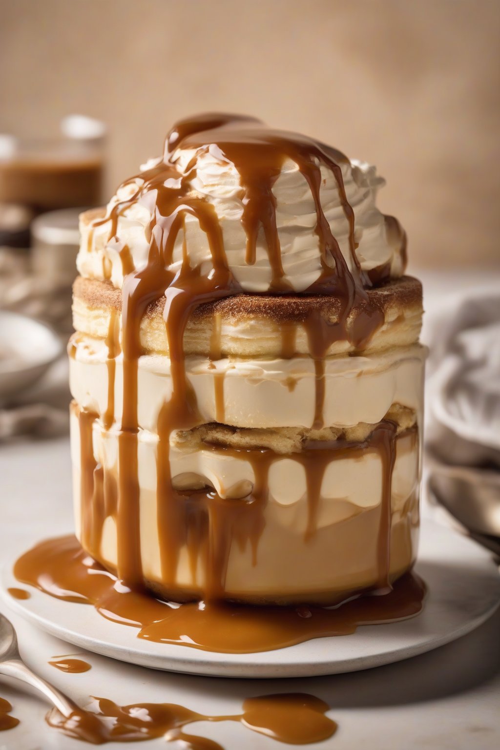 A high-resolution photo of salted caramel tiramisu dripping with sauce under soft lighting.