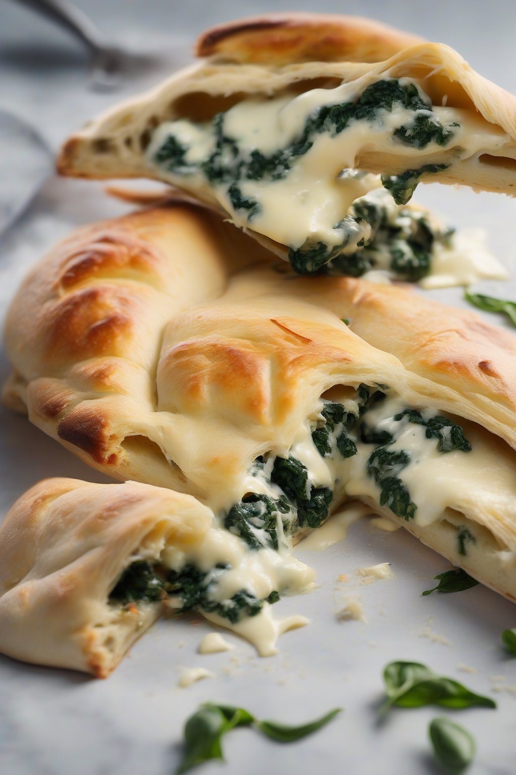 A high-resolution photo of a Spinach and Ricotta calzone cut in half, showing creamy green filling and melted cheese under soft lighting.