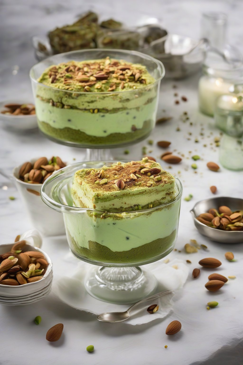 A high-resolution photo of green pistachio tiramisu with nut topping under soft lighting.