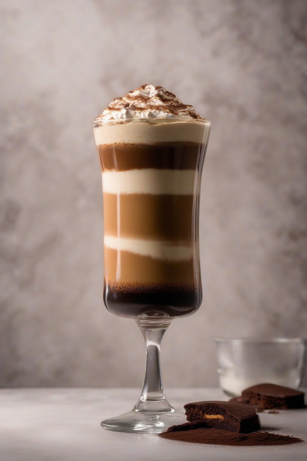 A high-resolution photo of boozy espresso martini tiramisu glass under soft lighting.