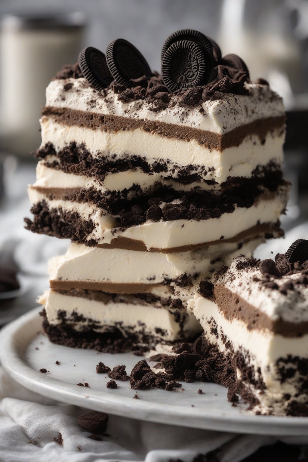 A high-resolution photo of Oreo crumb tiramisu layers under soft lighting.