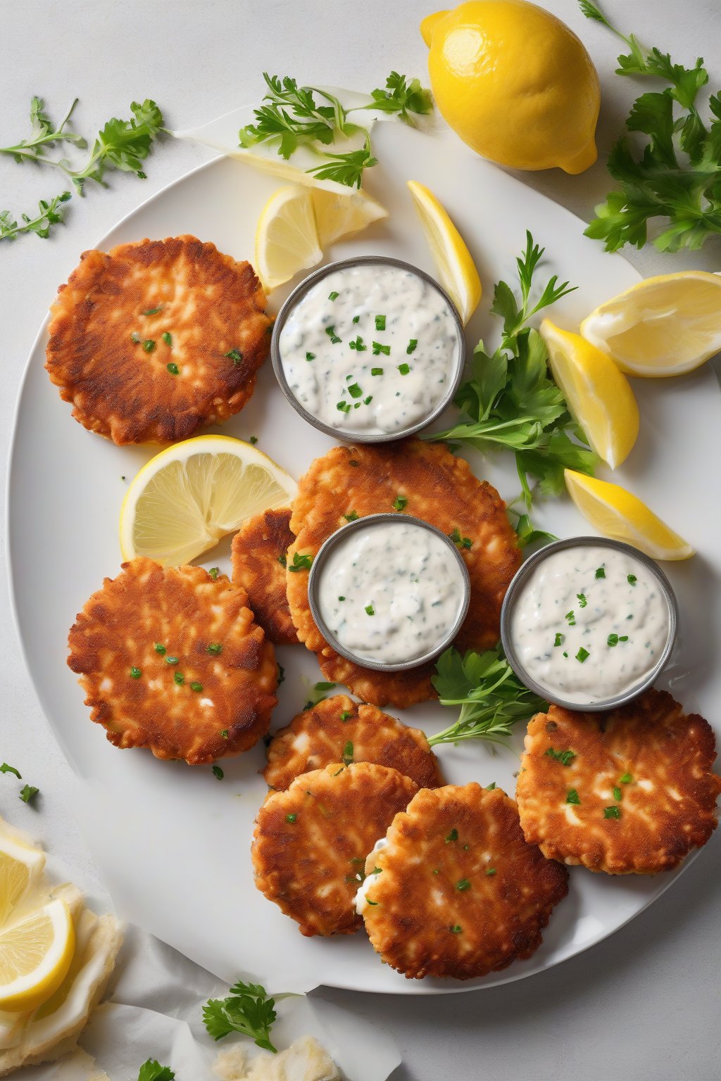 A high-resolution photo of golden fried Classic Salmon Patties on a white plate with lemon wedges and tartar sauce under soft lighting.