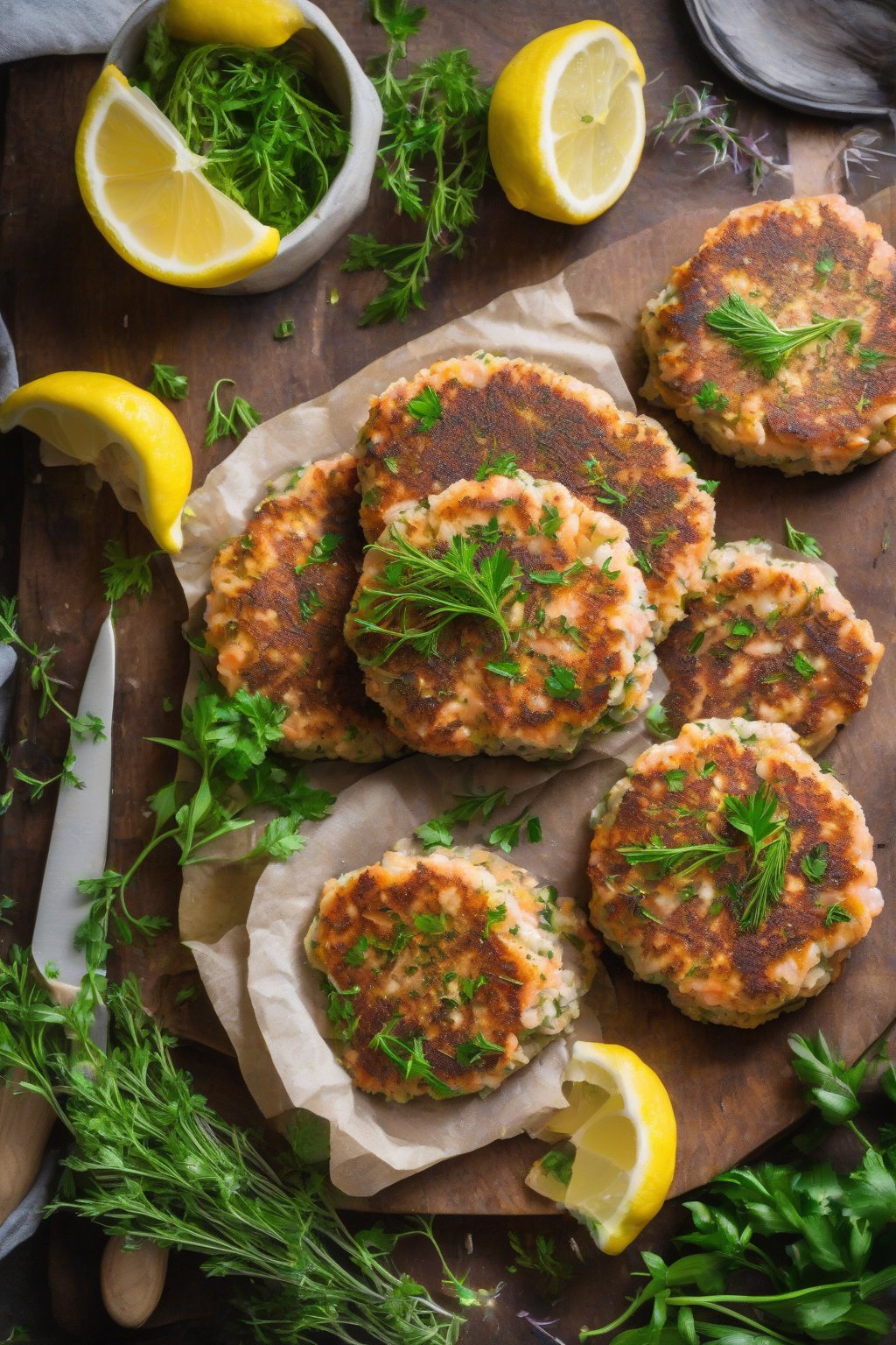 A high-resolution photo of Lemon Herb Salmon Patties garnished with fresh herbs and lemon slices on a rustic board under soft lighting.