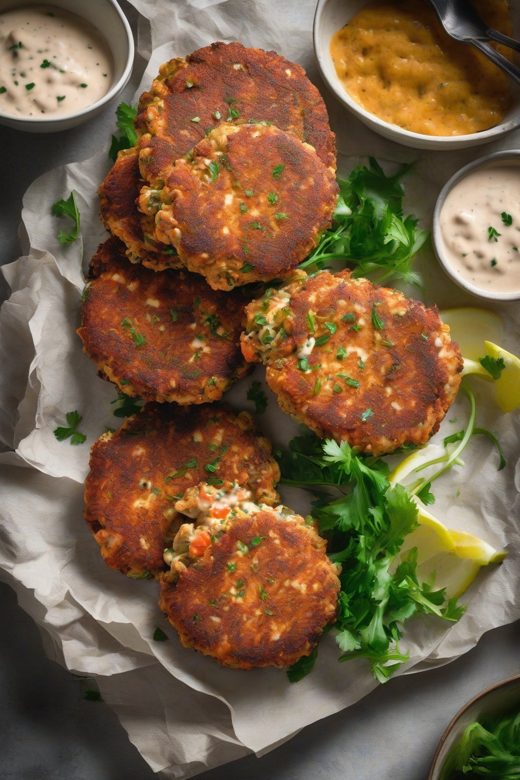A high-resolution photo of Spicy Cajun Salmon Patties with a side of remoulade sauce under soft lighting.