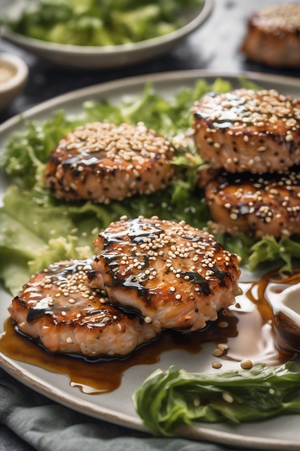 A high-resolution photo of Sesame Salmon Patties drizzled with soy glaze and sesame seeds under soft lighting.
