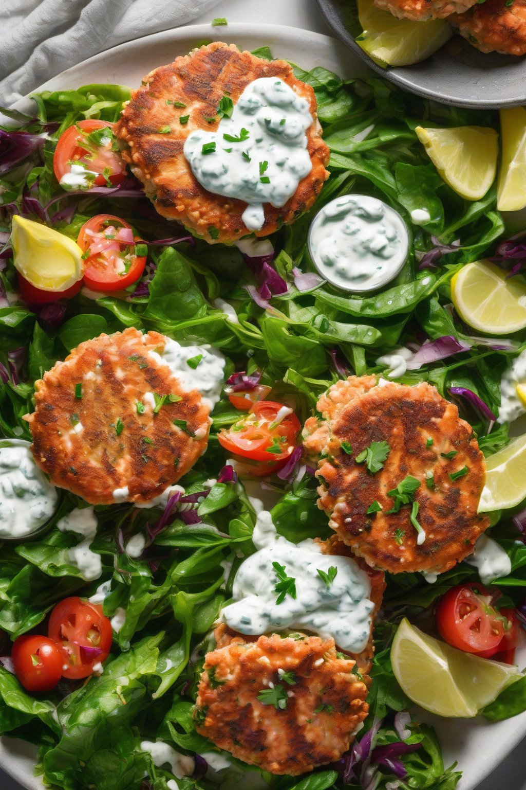 A high-resolution photo of Feta Salmon Patties topped with tzatziki on a bed of greens under soft lighting.