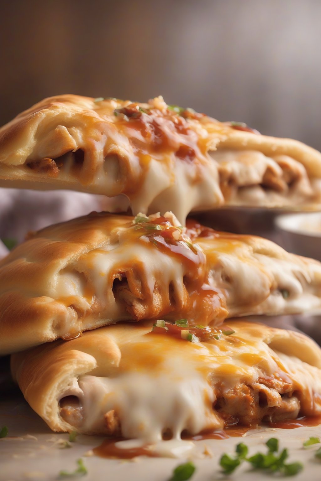 A high-resolution photo of a BBQ Chicken calzone dripping with sauce and cheese, garnished with onions, under soft lighting.