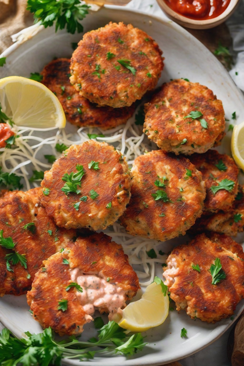 A high-resolution photo of Garlic Parmesan Salmon Patties with marinara dip under soft lighting.