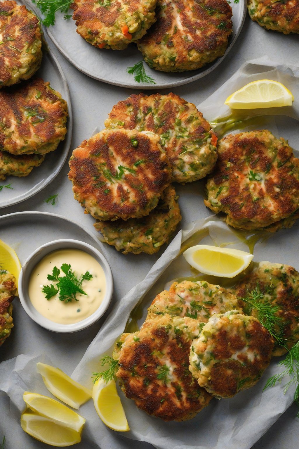 A high-resolution photo of Dill Pickle Salmon Patties served with mustard aioli under soft lighting.