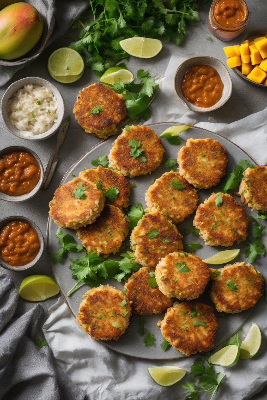A high-resolution photo of Coconut Curry Salmon Patties with mango chutney under soft lighting.