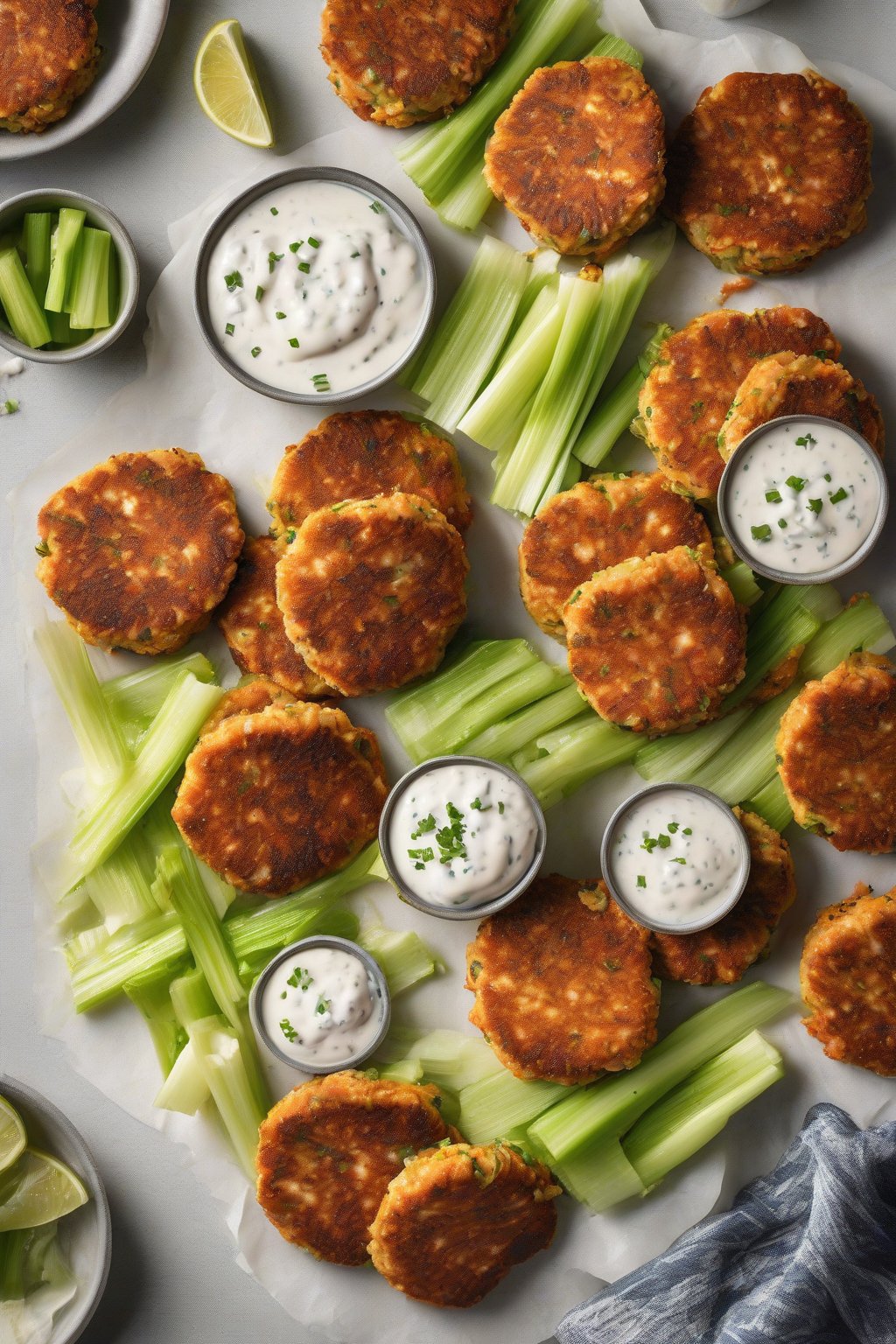 A high-resolution photo of Buffalo Salmon Patties with celery sticks and ranch under soft lighting.
