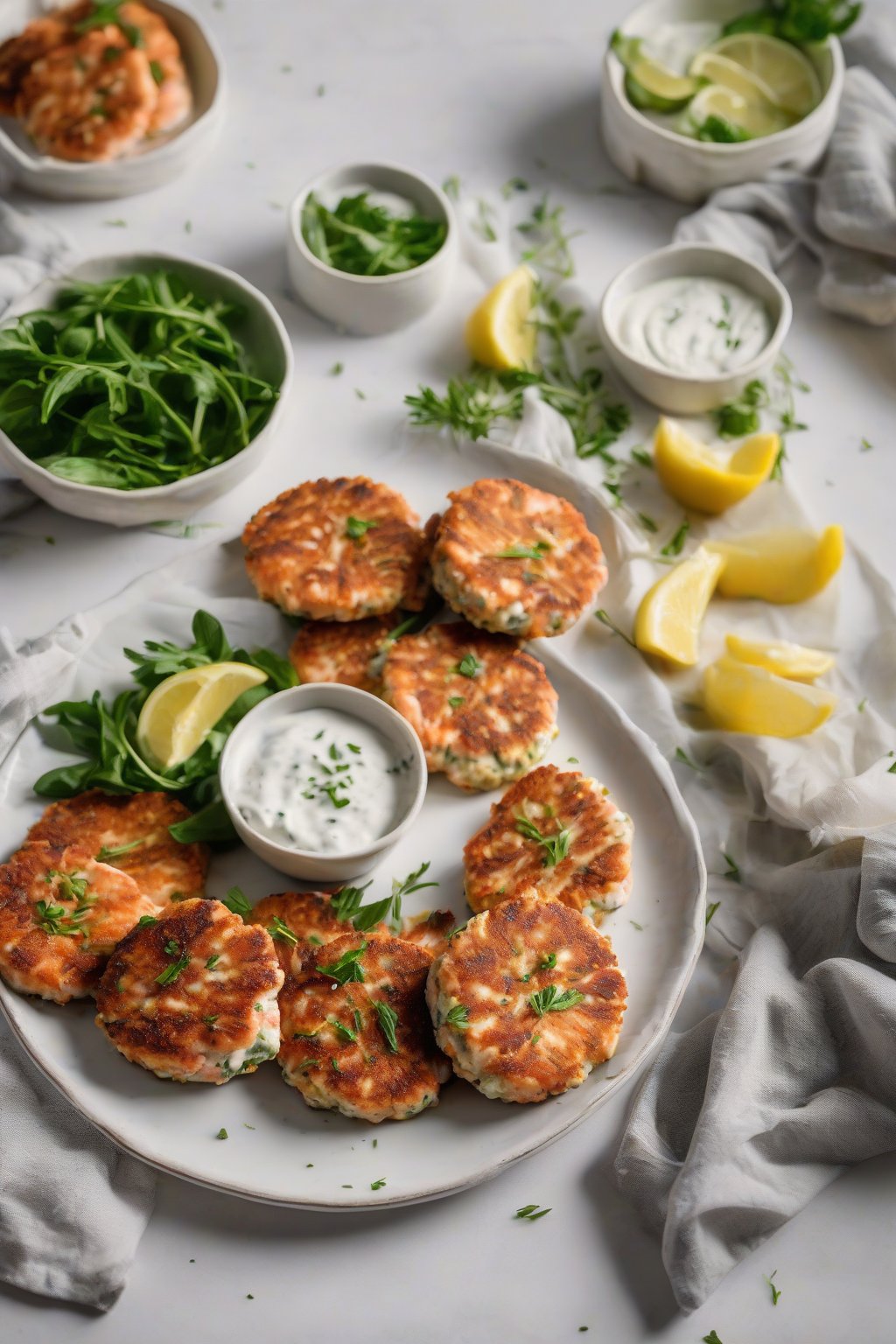 A high-resolution photo of Greek Yogurt Salmon Patties on a yogurt-drizzled plate under soft lighting.