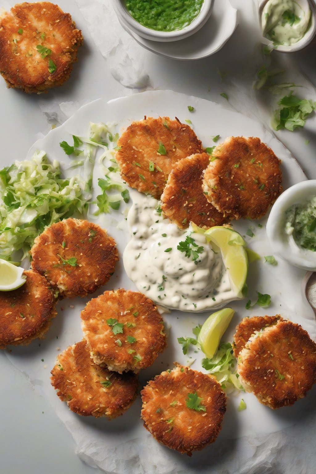 A high-resolution photo of Panko-Crusted Salmon Patties with wasabi mayo under soft lighting.
