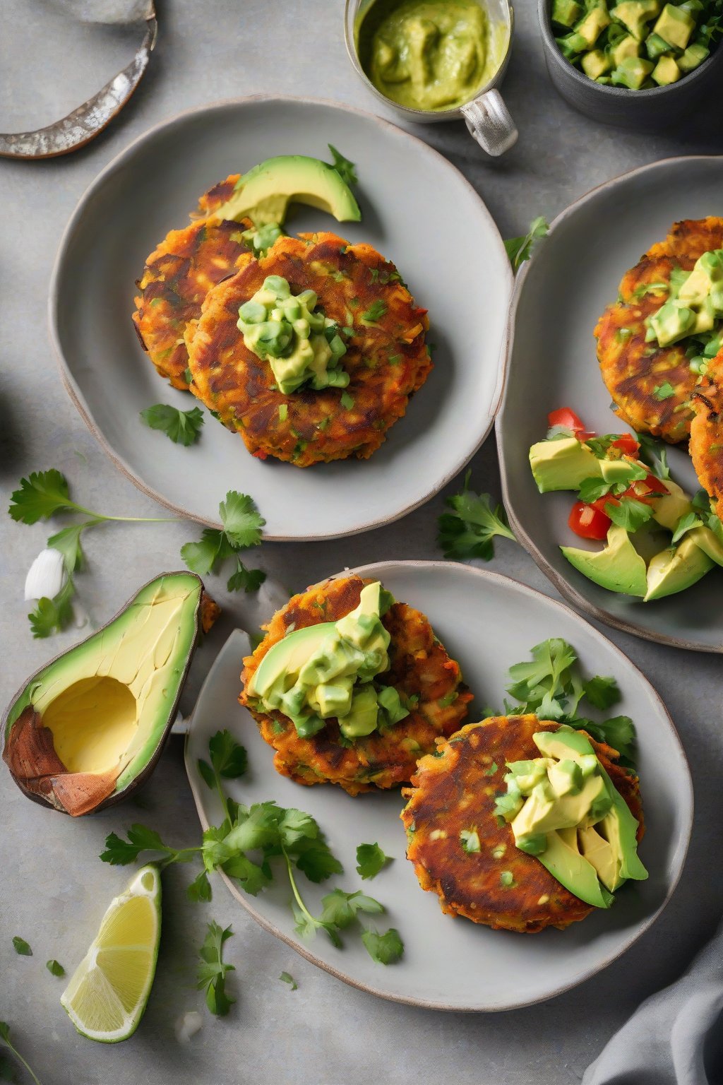 A high-resolution photo of Sweet Potato Salmon Patties with avocado salsa under soft lighting.