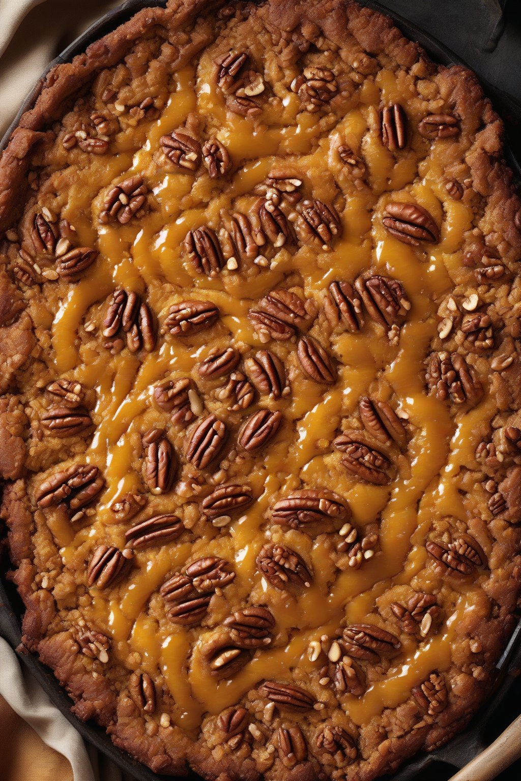 A high-resolution photo of a golden-brown classic pumpkin dump cake with gooey edges and pecan topping, under soft lighting.