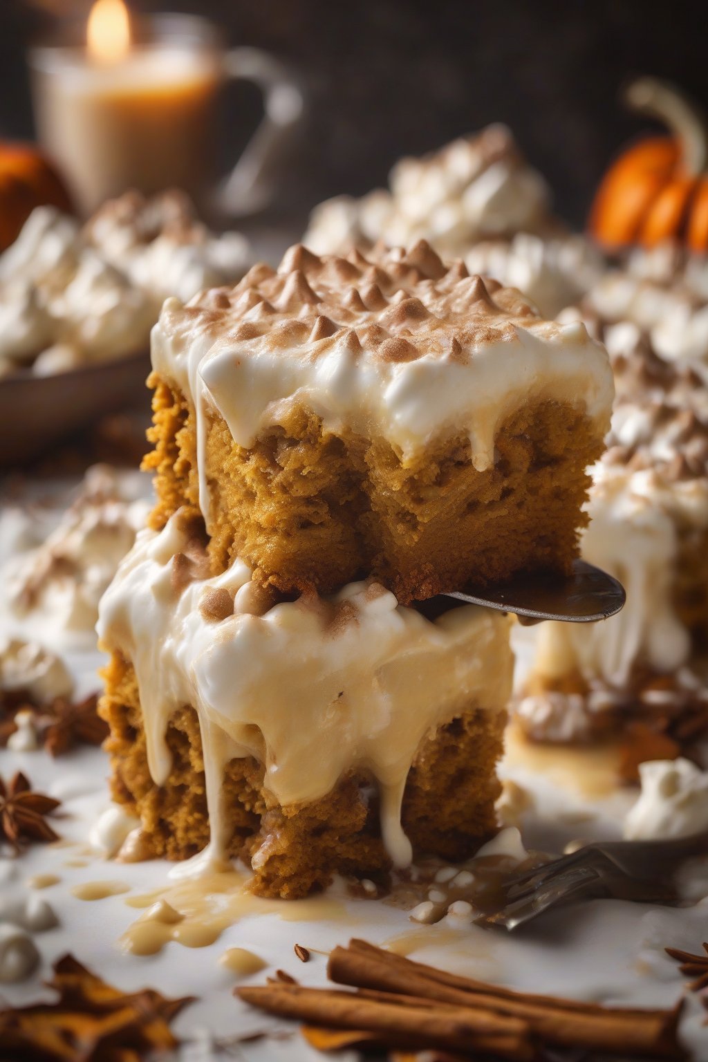 A high-resolution photo of a pumpkin spice latte dump cake bubbling with white chocolate melts, under soft lighting.