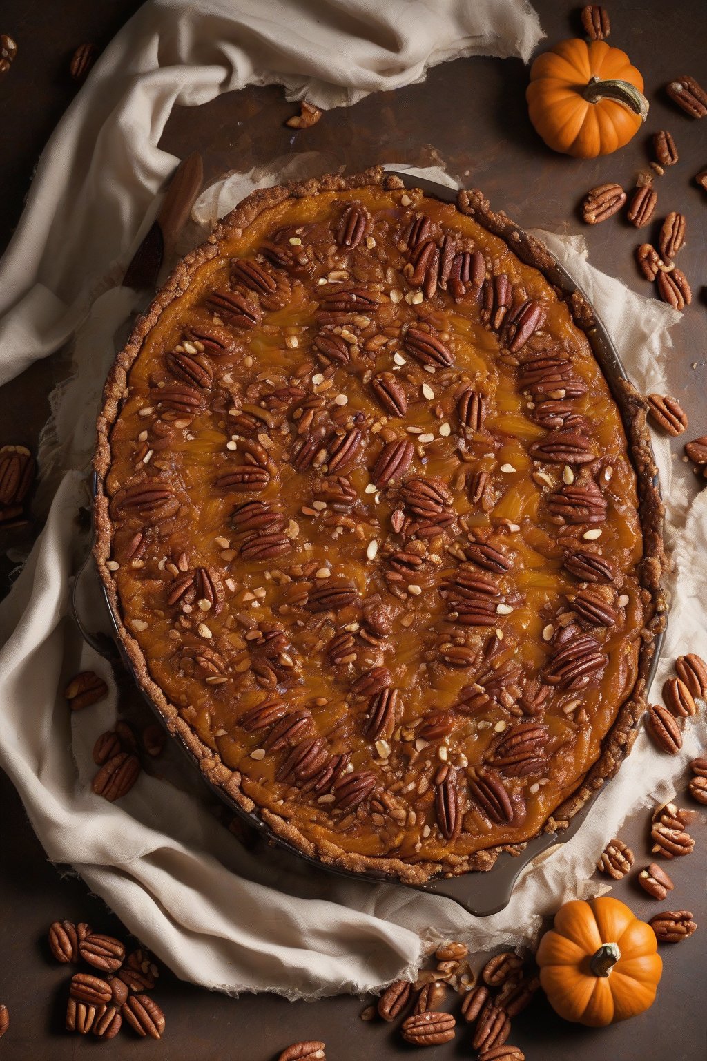 A high-resolution photo of a pecan pie-style pumpkin dump cake with caramelized nuts on top, under soft lighting.