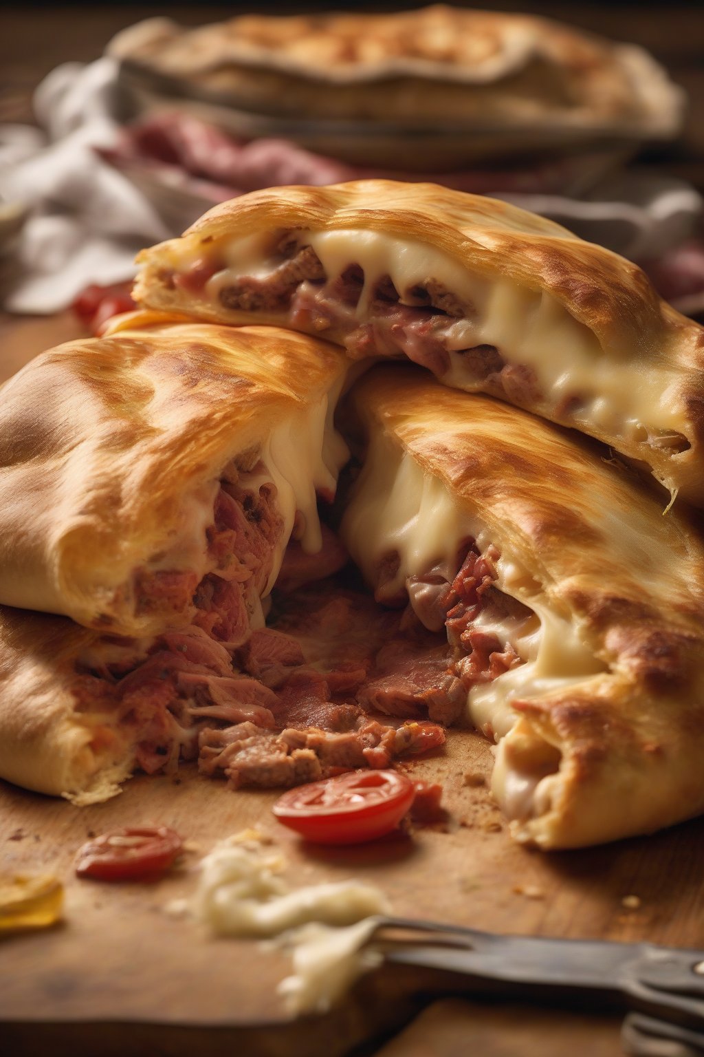 A high-resolution photo of a Meat Lovers calzone sliced to show layers of meats and bubbling cheese under soft lighting.