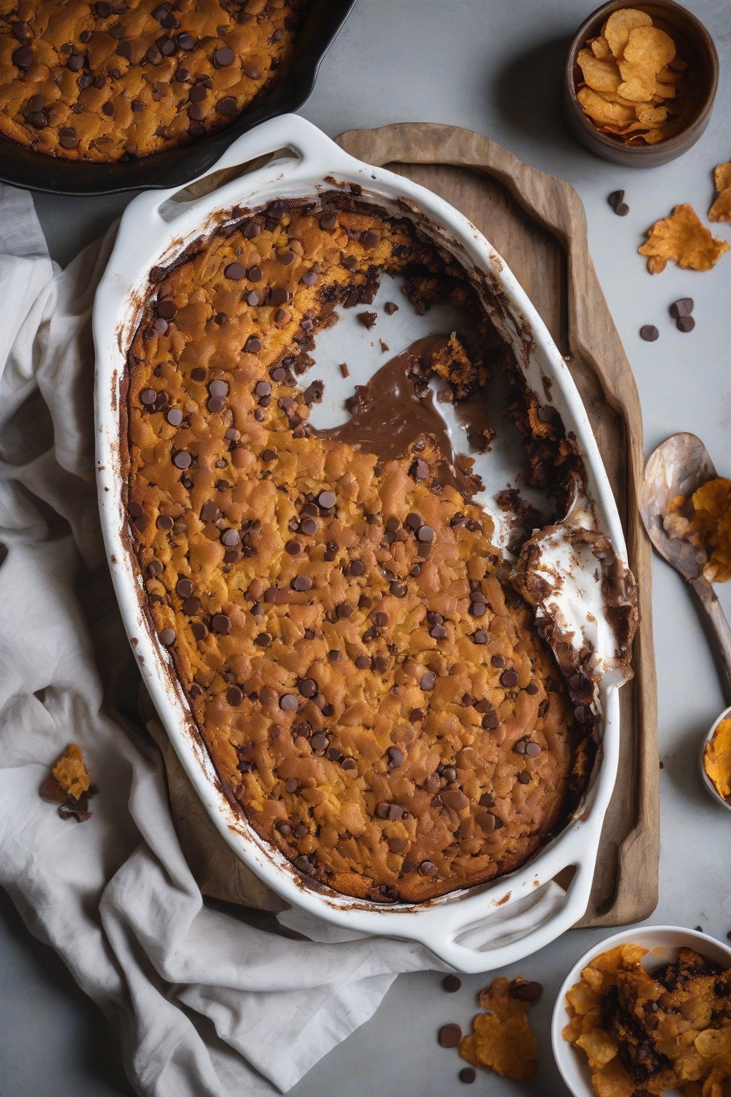 A high-resolution photo of chocolate chip pumpkin dump cake with melty chips oozing out, under soft lighting.