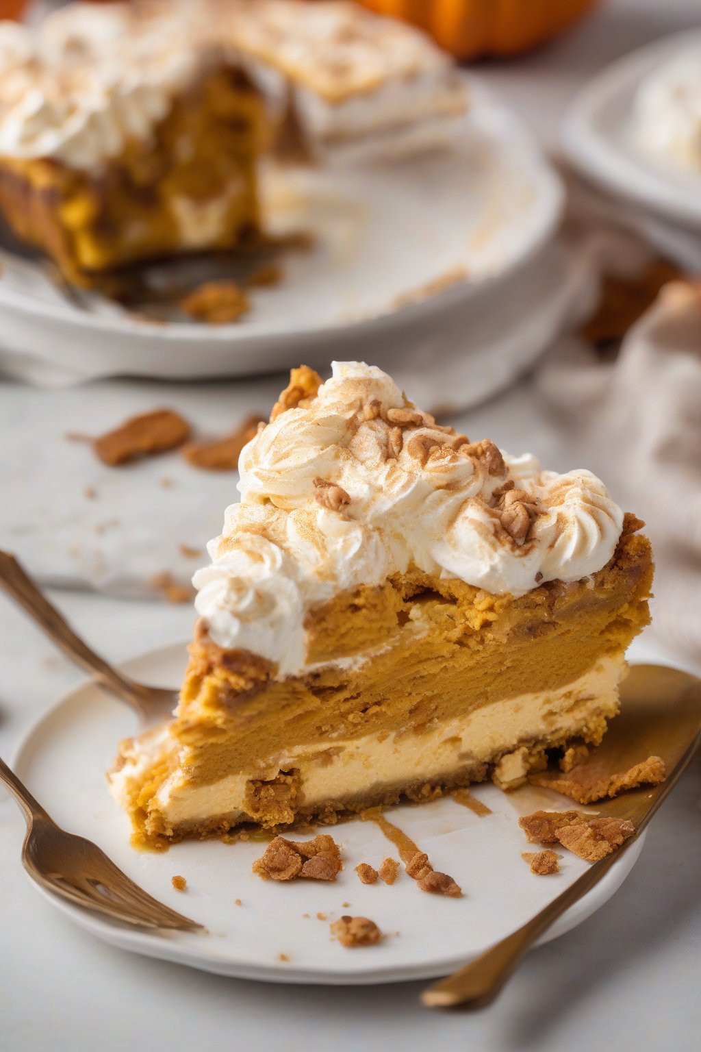 A high-resolution photo of a creamy pumpkin cheesecake dump cake with swirled layers, under soft lighting.