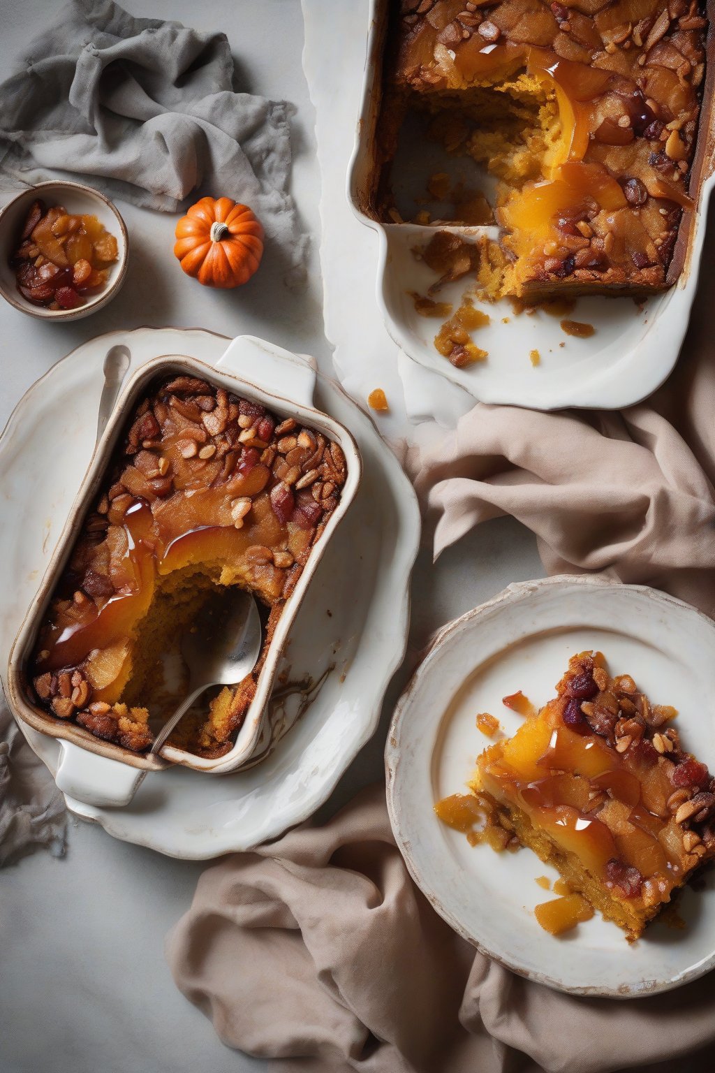A high-resolution photo of apple-studded pumpkin dump cake with caramelized fruit edges, under soft lighting.