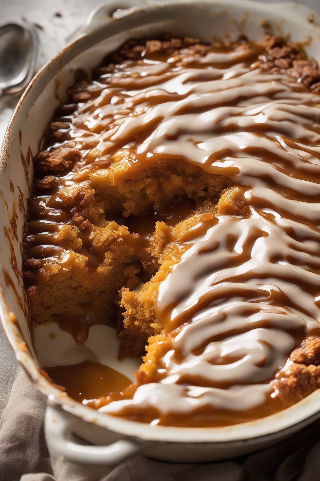 A high-resolution photo of a caramel-drenched pumpkin dump cake glistening with sauce, under soft lighting.