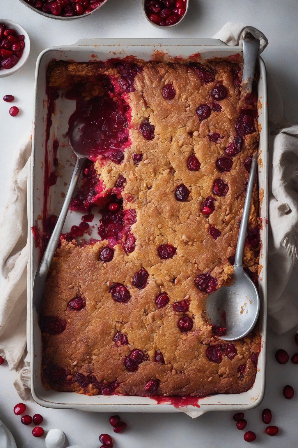 A high-resolution photo of cranberry-flecked pumpkin dump cake with ruby red pops, under soft lighting.