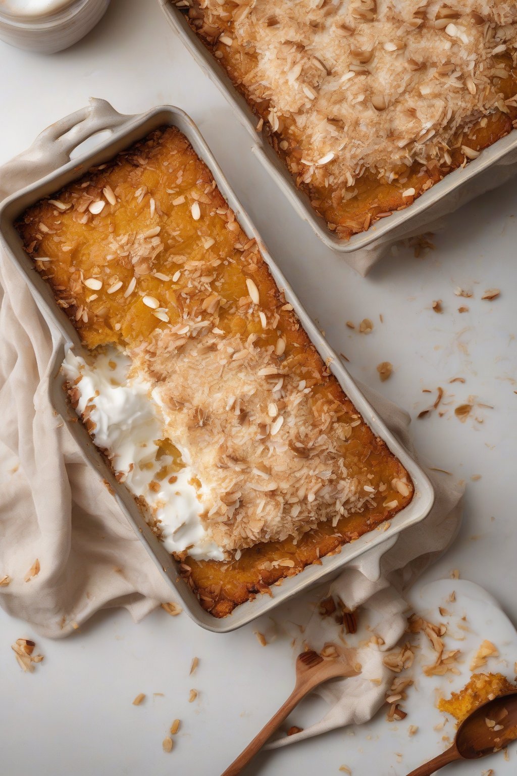 A high-resolution photo of banana pumpkin dump cake topped with toasted coconut, under soft lighting.
