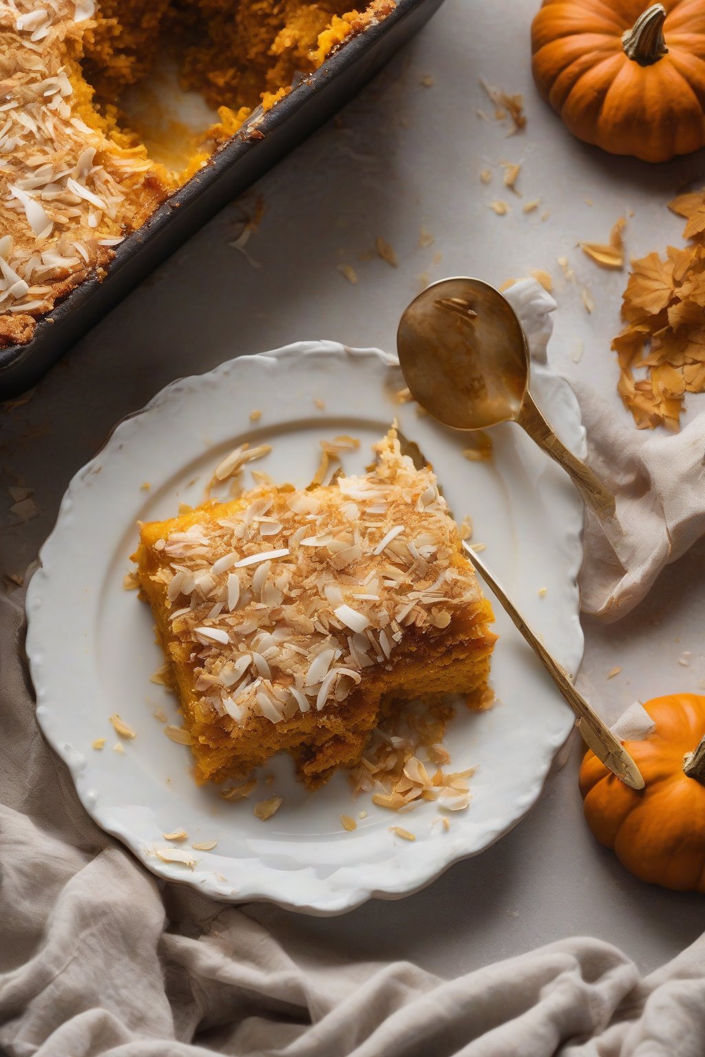 A high-resolution photo of coconut-crusted pumpkin dump cake with golden shreds, under soft lighting.