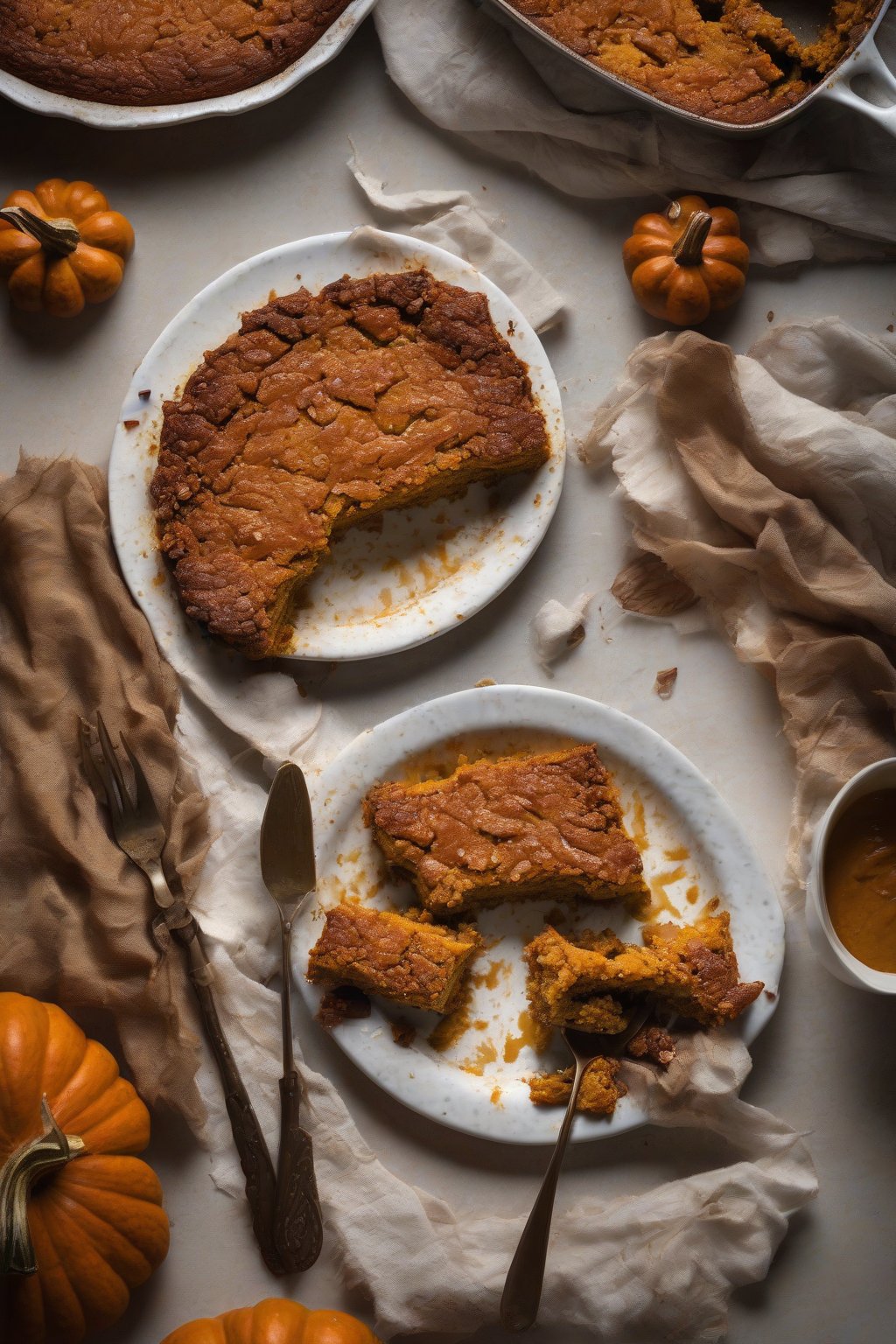 A high-resolution photo of ginger-speckled pumpkin dump cake with spicy caramelization, under soft lighting.