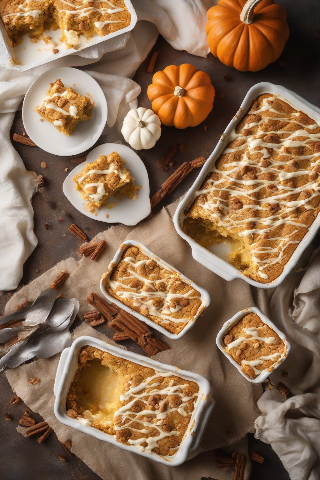 A high-resolution photo of white chocolate pumpkin dump cake with creamy melts, under soft lighting.