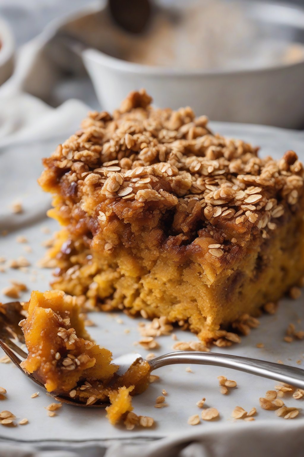 A high-resolution photo of streusel-topped pumpkin dump cake with crumbly oats, under soft lighting.